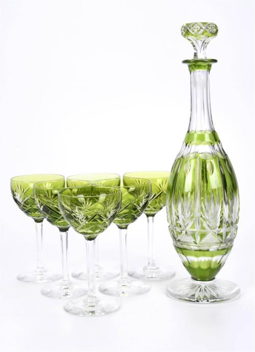 SET OF SIX FRENCH "SAINT LOUIS" GLASSES AND DECANTER BOTTLE