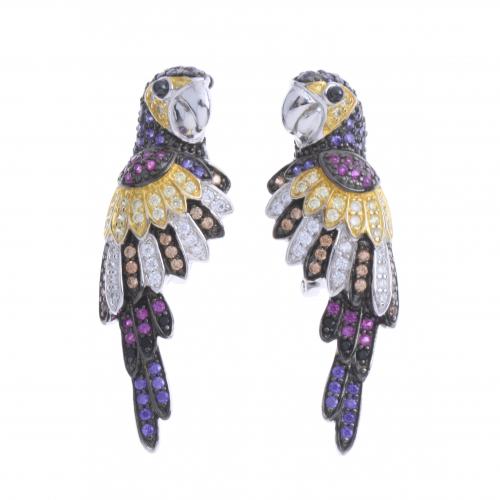 PARROT EARRINGS WITH COLOURED ZIRCONS.