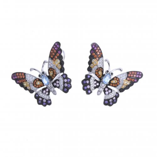 SILVER BUTTERFLY EARRINGS WITH COLOURFUL BEADS.