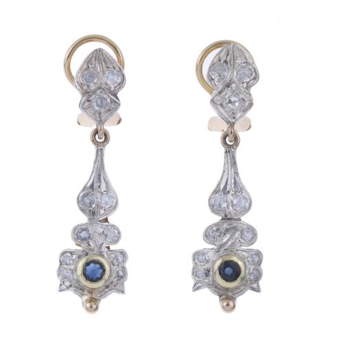 LONG EARRINGS IN TWO-TONE GOLD, DIAMONDS AND SAPPHIRES.