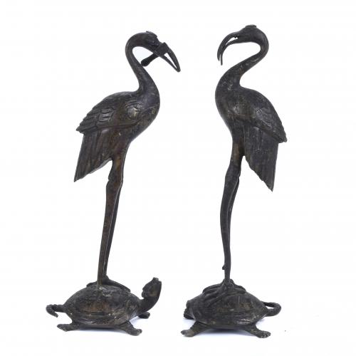 20TH CENTURY CHINESE SCHOOL PAIR OF CRANES ON TURTLES.