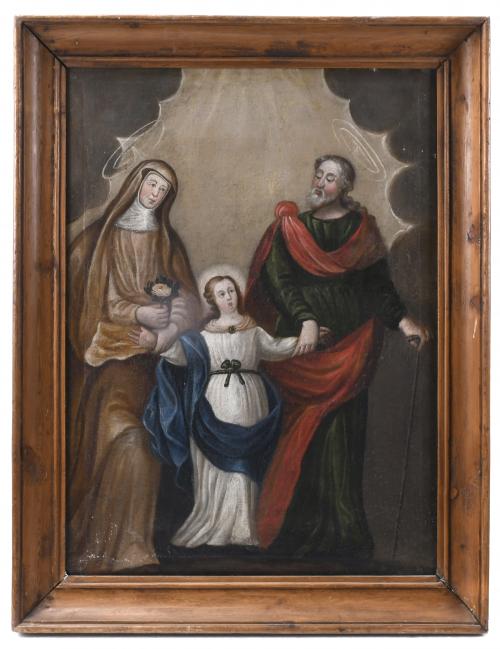 ATRIBUIDO A LA ESCUELA ESPAÑOLA, SIGLO XVII. "SANTA ANA, SAN JOAQUÍN Y LA VIRGEN NIÑA".