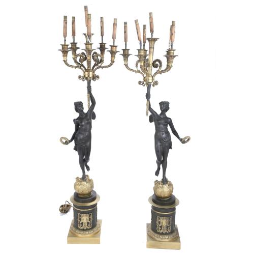 AFTER MODELS BY PIERRE-PHILIPPE TOMIRE. PAIR OF LARGE FRENCH TABLE CANDELABRA, 19TH CENTURY.