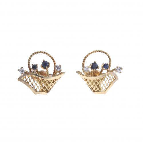 GOLD BASKET EARRINGS WITH SAPPHIRES AND DIAMONDS.