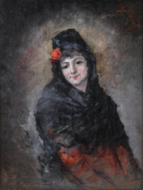 BENITO BELLI (SEGUNDA MITAD SIGLO XIX). "JOVEN CON MANTILLA", 1883.