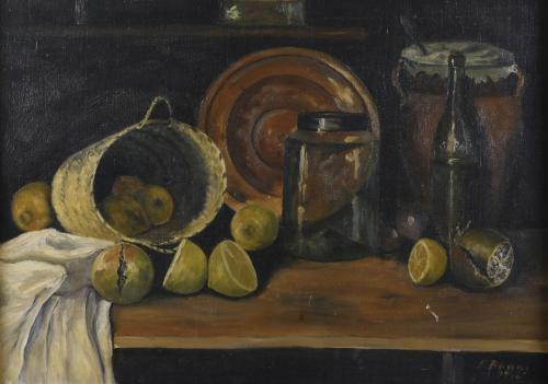 ESCUELA CATALANA, SIGLO XX. "BODEGÓN CON LIMONES", 1942.