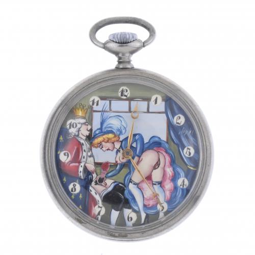 DOXA. SWISS EROTIC AUTOMATON POCKET WATCH FOR MEN, CIRCA 1925.