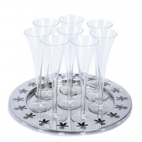 SET OF EIGHT ITALIAN CAVA GLASSES AND ALESSI TRAY, MID 20TH CENTURY.