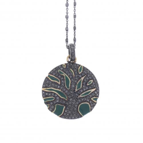 NECKLACE WITH PENDANT IN ENAMELLED SILVER AND DIAMONDS.