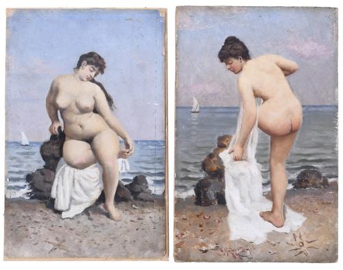 ATRIBUIDO A GUILLERMO GÓMEZ GIL (1862-1942) Y SEGÚN EUSEBIO PLANAS (1833-1897). "DESNUDOS FEMENINOS FRENTE AL MAR".