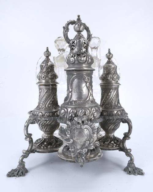 ENGLISH GEORGE III-STYLE LARGE CRUETS AND SPICE JARS STAND