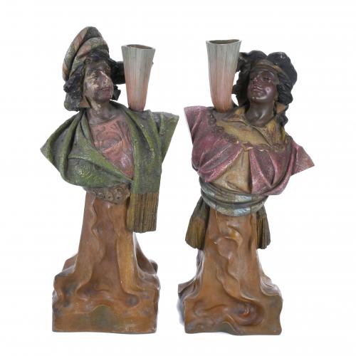 PAIR OF SCULPTURES-CANDLESTICKS, AFTER AUSTRIAN MODELS, 20TH CENTURY.