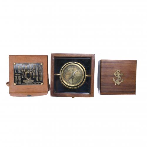 REPLICA OF THREE ENGLISH COMPASSES, TWO BRUNTON THOS.J.EVANS, MID 20TH CENTURY.