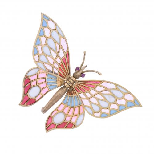 BROCHE MARIPOSA CON ESMALTE Y RUBÍES.