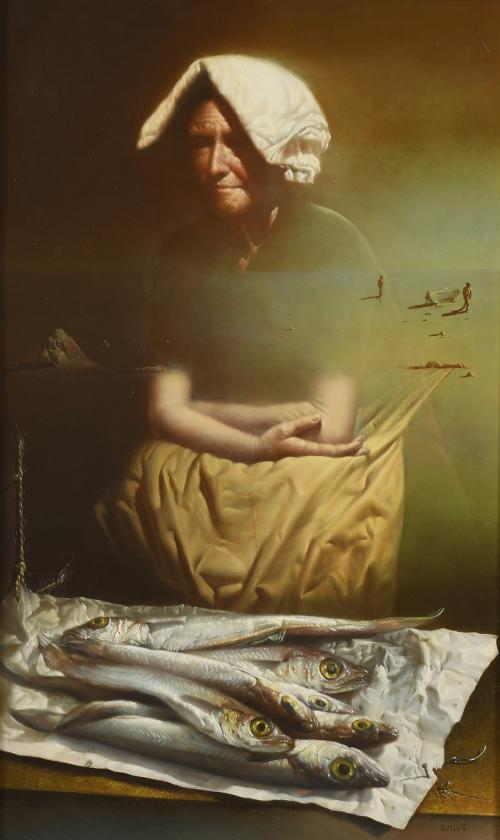 GUSTAVO POBLETE (1915-2005). "VENDEDORA DE PESCADO ANTE UN PAISAJE SURREALISTA".