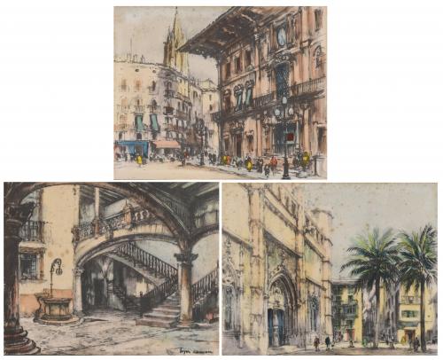 RAMÓN LÓPEZ MUÑOZ, "LÓPEZ RAMÓN" (1905-1985). Tres dibujos coloreados de Barcelona.