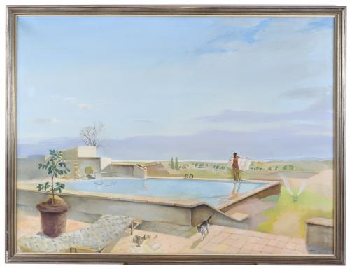 RAMON PUJOL BOIRA (1949). "LANDSCAPE WITH A GIRL IN A SWIMMING POOL AND A CAT".