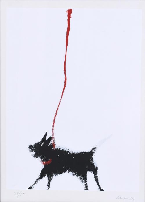 20TH/21ST CENTURY SPANISH SCHOOL. "BLACK DOG WITH A RED LEASH".