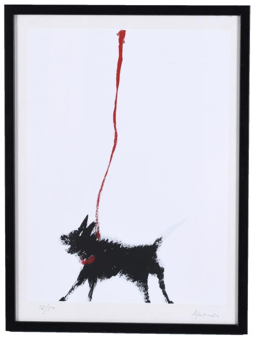 20TH/21ST CENTURY SPANISH SCHOOL. "BLACK DOG WITH A RED LEA