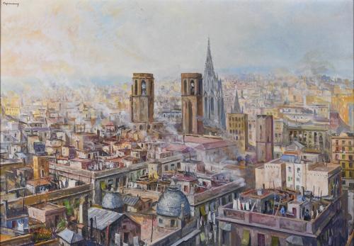 RAMON CAPMANY (1899-1992). "VIEW OF THE ROOFS OF BARCELONA AND ITS CATHEDRAL".