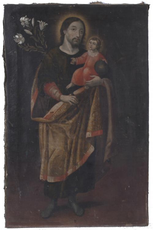 SPANISH OR COLONIAL SCHOOL, 18TH-19TH CENTURY. "SAINT JOSEPH AND THE CHILD".