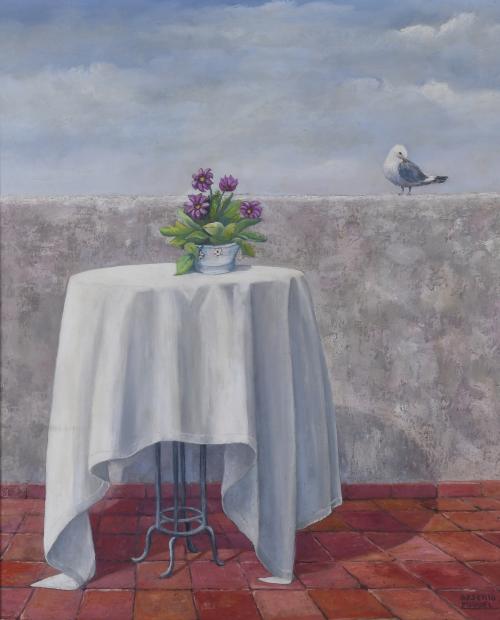 ARSENIO MIGUEL (1943). "TABLE, FLOWERS AND SEAGULL".