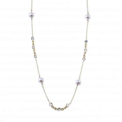 LONG NECKLACE WITH PEARLS AND ZIRCONS.