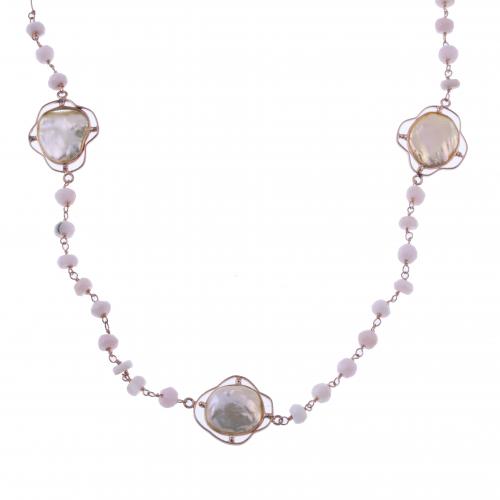 LONG NECKLACE WITH ROSE OPAL AND FLAT PEARLS.