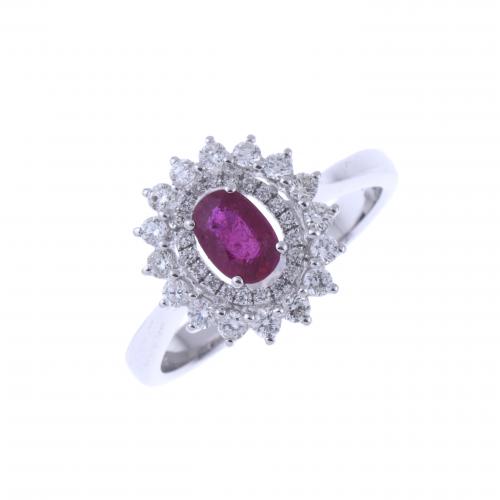 DIAMONDS AND RUBY ROSETTE RING.