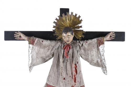 19TH CENTURY SPANISH SCHOOL. CRUCIFIED SAINT.