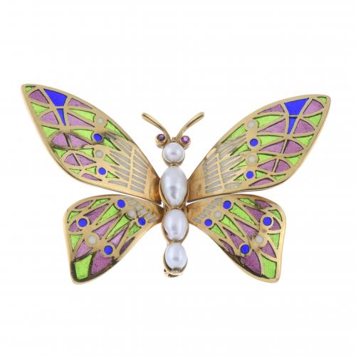 BROCHE MARIPOSA CON ESMALTE Y PERLAS.