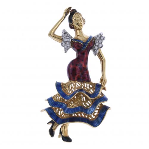 BROOCH IN THE SHAPE OF A FLAMENCO DANCER WITH DIAMONDS AND ENAMEL.