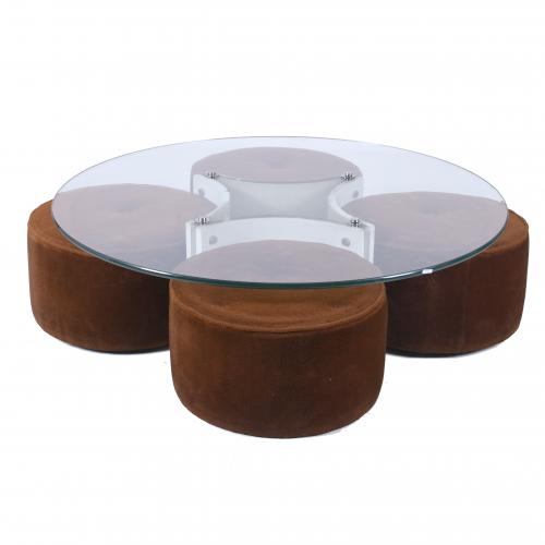 COFFEE TABLE AND SET OF FOUR POUFS, MID 20TH CENTURY.