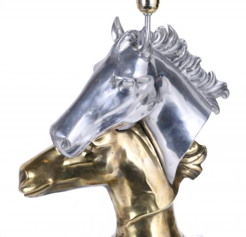 TABLE LAMP WITH A DOUBLE HORSE BUST, MID 20TH CENTURY.