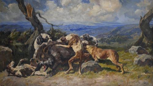 JOSEP SERRASANTA (1916-1998). "JAURÍA  ATACANDO AL JABALÍ", 1960.