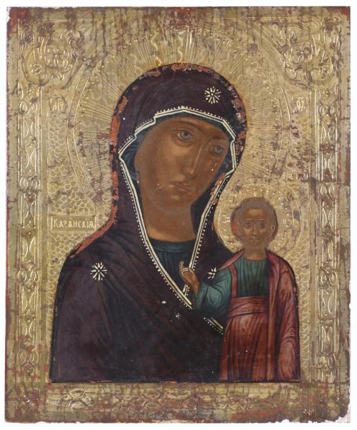 RUSSIAN ICON, LATE 19TH CENTURY, "HODIGITRIAN MADONNA". 