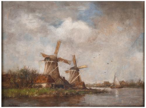 20TH CENTURY EUROPEAN SCHOOL. "RIVER LANDSCAPE WITH WINDMILLS".  