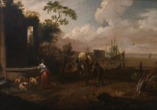 17TH-18TH CENTURIES, DUTCH SCHOOL. "LANDSCAPE WITH THE SEA ON THE BACKGROUND". 