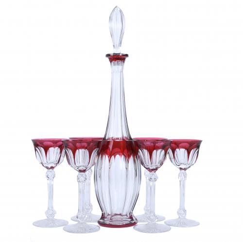 SET OF BOTTLE AND SIX GOBLETS, PROBABLY BACCARAT, MID 20TH CENTURY.