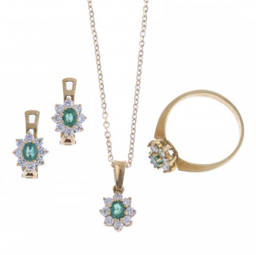 RING, EARRINGS AND PENDANT SET WITH DIAMONDS AND EMERALD.