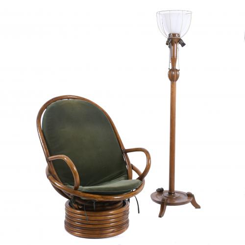 SWIVEL ARMCHAIR AND FLOOR LAMP, MID 20TH CENTURY.