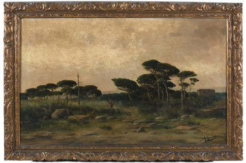 RICARDO MANZANET (1853-1939). "LANDSCAPE WITH A COUNTRY WOM