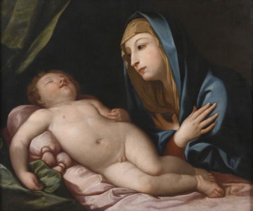 ESCUELA ITALIANA, SIGLO XVII-XVIII. SEGUIDOR DE GUIDO RENI "VIRGEN CON EL NIÑO DURMIENTE".