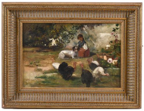 JOSÉ MARÍA JARDINES (1862 - ¿1932?). "GIRL WITH TURKEYS".