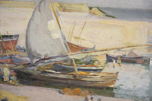 19TH CENTURY CATALAN SCHOOL. "BOATS ON VILANOVA BEACH".