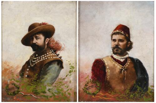 19TH CENTURY, SPANISH SCHOOL. Pair of men's portraits referring to Verdi's operas."LUCRECIA" and "RIGOLETO".