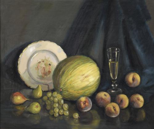 VICENTE RINCÓN (1892-1958). "BODEGÓN DE MELÓN, UVAS Y MELOCOTONES".