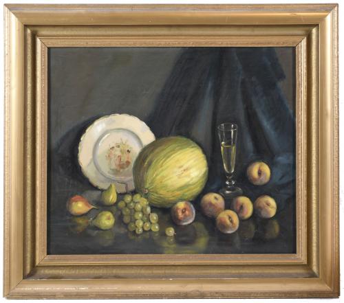 VICENTE RINCÓN (1892-1958). "STILL LIFE WITH A MELON, GRAPE