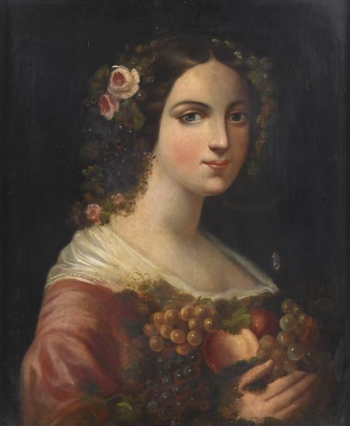 ESCUELA ALEMANA O FRANCESA, SIGLO XIX. "JOVEN CON TOCADO DE FLORES Y FRUTA".