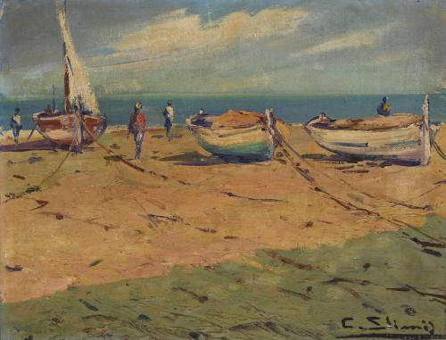 20TH CENTURY CATALAN SCHOOL. "BOATS ON THE BEACH".